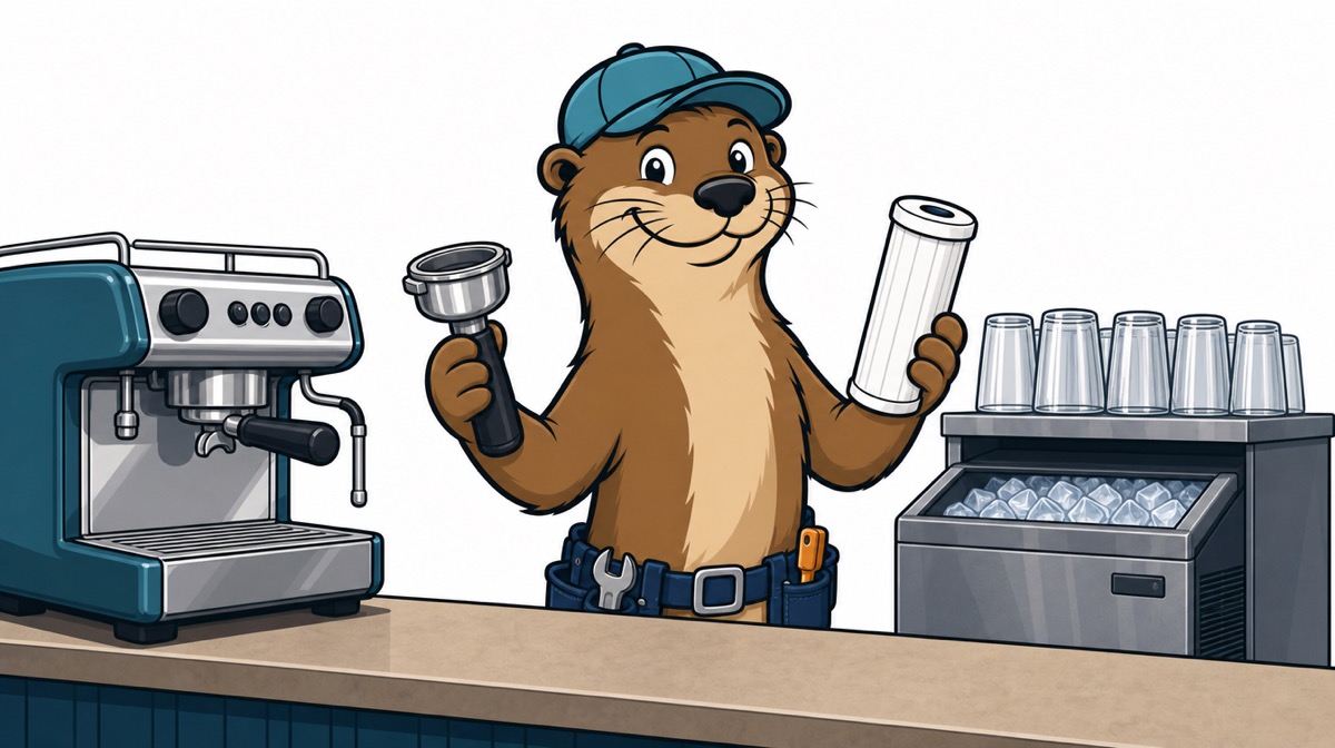 Otto behind a cafe counter with an espresso machine
