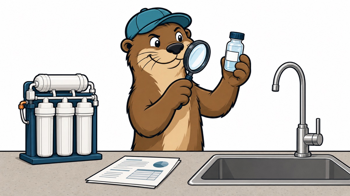 Otto the otter inspecting a water sample bottle with a magnifying glass beside a reverse osmosis system and a kitchen sink