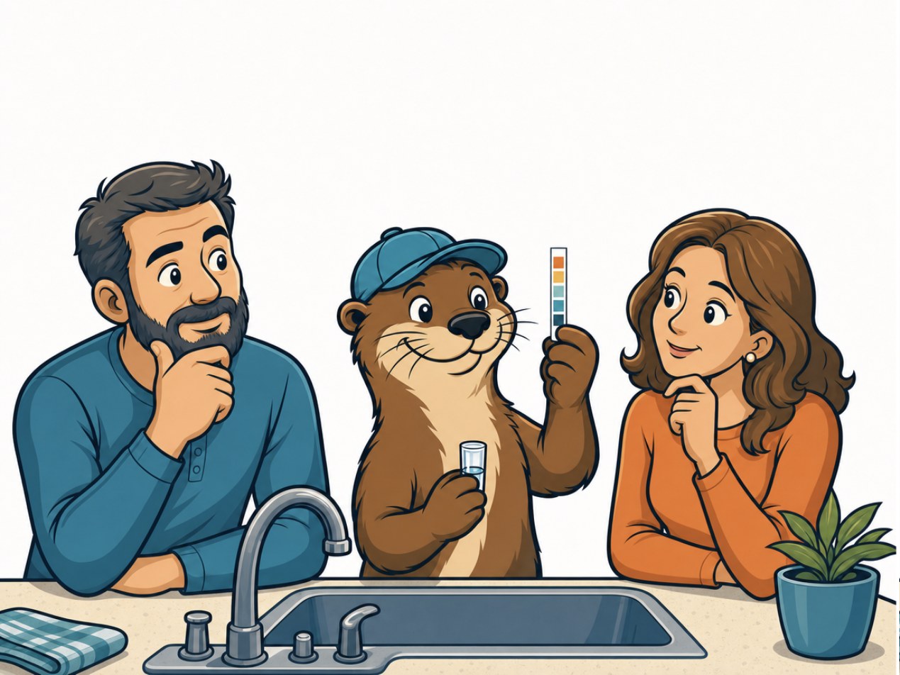 Otto showing a couple their water test result at the kitchen sink