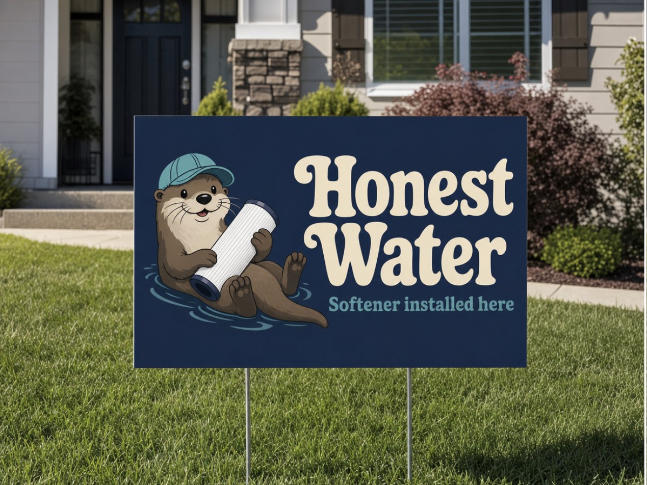 Honest Water lawn sign reading Softener installed here, showing Otto the otter floating with a filter cartridge, on the front lawn of a house