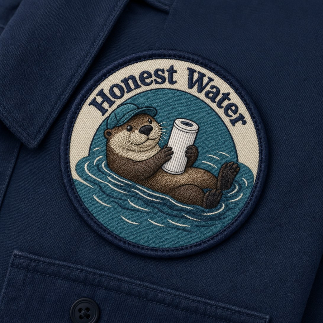 Honest Water embroidered patch on a work jacket