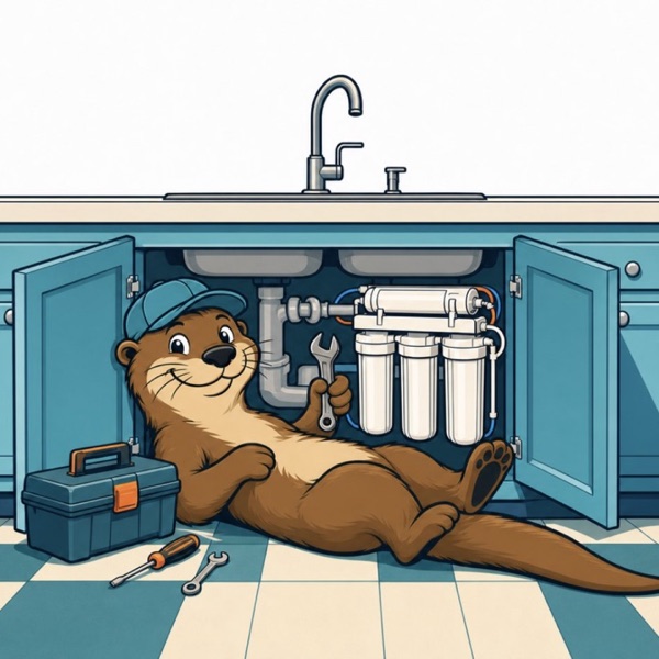 Otto the otter installing an under-sink reverse osmosis system